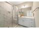 Modern bathroom featuring glass enclosed shower, and white vanity with solid countertops at 933 Catamaran Ct, Alpharetta, GA 30005