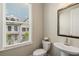 Well-lit powder room featuring a pedestal sink, toilet, and a window with blinds offering natural light at 933 Catamaran Ct, Alpharetta, GA 30005