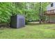 Backyard features a gray shed, mature trees, and lush greenery at 3880 Northpoint Dr, Marietta, GA 30062