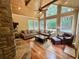Bright living room with vaulted wood ceilings, stone fireplace, and many large windows at 3397 Holly Glen Dr, Dacula, GA 30019