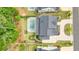 Aerial view of a property showcasing the backyard pool, landscaping, outdoor seating, and overall layout of the home at 107 Owens Mill Place, Canton, GA 30115