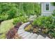 Beautifully landscaped backyard with stone steps leading to a pool area surrounded by colorful flowers and plants at 107 Owens Mill Place, Canton, GA 30115