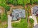 Stunning aerial view of home with lush landscaping, beautiful stone patio, and mature trees surrounding the property at 710 Eastbourne Ct, Alpharetta, GA 30005