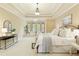 Spacious main bedroom with a decorative tray ceiling, bright bay windows, and an iron bed frame at 710 Eastbourne Ct, Alpharetta, GA 30005
