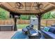Backyard patio with a gazebo, a hot tub, a sofa, and a fire pit table, perfect for outdoor entertaining at 2376 Roberts View Trail, Buford, GA 30519