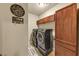 Convenient laundry room with modern washer and dryer, along with storage cabinets at 2376 Roberts View Trail, Buford, GA 30519