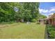 Large, lush backyard features a well-kept lawn, mature trees, and a shed at 1732 Samaria Trl, Tucker, GA 30084