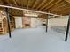Large basement featuring exposed wooden rafters, painted concrete floor and brick fireplace at 342 Mccurry Rd, Stockbridge, GA 30281