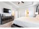 Spacious main bedroom featuring plush carpet, mirrored dresser and tray ceiling with fan at 500 Garvin Dr, Woodstock, GA 30189