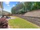 Beautifully landscaped backyard with retaining wall and outdoor patio at 124 Grand Oaks Dr, Canton, GA 30115