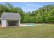 Beautiful pool and pool house surrounded by well-maintained lawn and mature trees at 300 Massengale Rd, Brooks, GA 30205