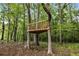 Wooden treehouse nestled among trees in wooded backyard for recreational fun at 300 Massengale Rd, Brooks, GA 30205