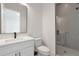 Contemporary bathroom with a glass shower, a white vanity, and black hardware fixtures at 4505 Caroline Walk, Dunwoody, GA 30338