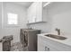Modern laundry room featuring sink, countertops, cabinets, washer, and dryer at 4505 Caroline Walk, Dunwoody, GA 30338