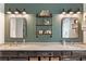 Bathroom with double sinks, industrial shelving and granite countertops at 10090 Feather Sound Ct, Alpharetta, GA 30022