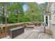 Relaxing deck featuring a lounge chair, seating, wood benches, colorful rug, a storage box, and string lights at 10090 Feather Sound Ct, Alpharetta, GA 30022