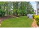 Green backyard, surrounded by trees, with a deck and plenty of sunlight at 5303 Davenport Mnr, Cumming, GA 30041
