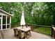 Relaxing back deck featuring outdoor dining set, covered umbrella, and wooded view at 110 Sandy Ridge Trl, Fayetteville, GA 30214