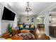 Bright living room with a comfortable blue couch, hardwood floors, and stylish decorations at 1585 San Gabriel Ave, Decatur, GA 30032