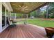 Outdoor patio with ceiling fan overlooking a lush, green backyard perfect for entertaining at 5042 Southland Dr, Woodstock, GA 30188