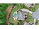 Aerial view of the property showcasing the pool, patio, lush landscaping, and cul-de-sac location at 5475 Copper Creek Pass, Cumming, GA 30040