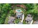 Aerial view of a backyard oasis with pool, patio, lush greenery, and landscaped yard at 5475 Copper Creek Pass, Cumming, GA 30040