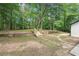 The backyard showcases a terraced landscape, stairs and lush green trees at 250 Huntcliff Ct, Fayetteville, GA 30214