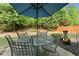 Backyard patio featuring a table, chairs, umbrella, and chiminea in a lush, green setting at 525 Roland Manor Dr, Dacula, GA 30019
