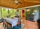 Screened-in sunroom with a dining table, offering a serene outdoor experience at 5364 Muirwood Pl, Powder Springs, GA 30127