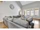 Comfortable living room with vaulted ceilings, large sectional sofa, and expansive windows overlooking nature at 209 Wynnward Way, Sharpsburg, GA 30277