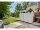 Spacious backyard featuring a storage shed and green lawn, perfect for outdoor activities at 120 Candler Oaks Ln, Decatur, GA 30030