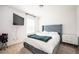 Cozy bedroom featuring a tufted headboard bed, neutral walls and carpet, and a wall mounted TV at 875 Venture Sw Way, Atlanta, GA 30331