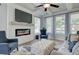 Cozy living room boasts a modern fireplace, coffered ceiling, and an array of windows for natural light at 4514 Eastbrook Pl, Snellville, GA 30039
