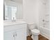 Clean bathroom with white vanity, toilet, and bathtub with shower, showcasing modern design at 4651 Larkfield Way, Powder Springs, GA 30127