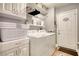Bright laundry room featuring a washer, dryer, storage, and a convenient exterior door at 95 Loudoun Dr, Covington, GA 30014