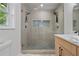 Modern bathroom with glass-enclosed shower, with a rainfall showerhead at 4206 Lake Laurel Se Dr, Smyrna, GA 30082