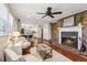 Open concept living room featuring brick fireplace, hardwood floors, and a view of the kitchen at 3250 North Embry Cir, Chamblee, GA 30341