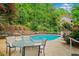 Backyard pool with patio table, chairs, and lush greenery surrounding the area at 357 Breeze Hill Ln, Canton, GA 30114