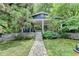 Beautiful backyard features covered porch, stone walkway, and lush landscaping at 799 Monroe Ne Dr, Atlanta, GA 30308