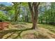 A lush backyard with mature trees casting shadows on the green grass at 218 Deerwood Se Ct, Smyrna, GA 30082