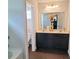 Bathroom with a double vanity, large mirror, and wood-look flooring at 110 Halibut Cir, Covington, GA 30016