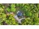 Birds eye view of a property, showing the home layout, driveway, surrounding trees, and outdoor spaces at 8032 Banks Mill Rd, Douglasville, GA 30135