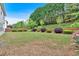 Landscaped backyard with a wooden fence, mature trees, green grass, and manicured bushes at 221 Hampton Station Blvd, Canton, GA 30115