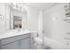 Bright bathroom featuring a modern vanity with a white countertop and a shower-tub combo with white subway tile at 3239 Bartee Walk, Suwanee, GA 30024