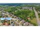A high aerial view of the property and neighborhood is lush with green trees in a planned community at 4190 Madison Dr, Cumming, GA 30040