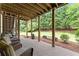 Covered back patio with brick flooring, ceiling beams, and outdoor seating overlooking the backyard at 4190 Madison Dr, Cumming, GA 30040