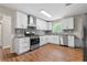 Modern kitchen featuring white cabinets, stainless steel appliances, and eye-catching backsplash at 6292 Field Glen Rd, Stone Mountain, GA 30087