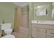 Bathroom features a shower/tub combo with a green-painted wall, a toilet and a vanity at 2675 Paul Thomas Dr, Dacula, GA 30019