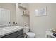 Clean half bathroom with modern fixtures, decorative shelves, and a stylish vanity at 11028 Southwood Dr, Hampton, GA 30228
