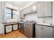 Bright laundry room with grey cabinetry, stainless steel machines, and a butcher block countertop at 281 Abbott Dr, Canton, GA 30114